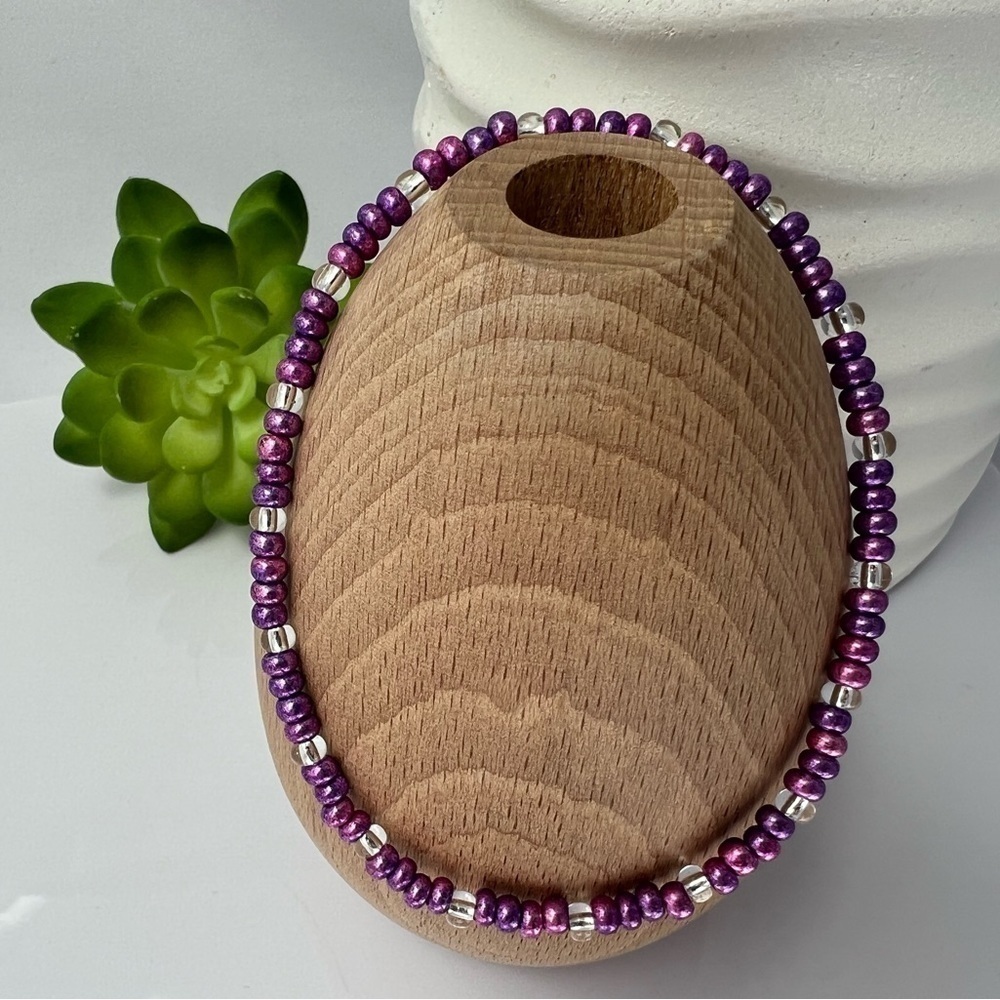 Czech Glass Stretch Beaded Anklet in Pink and Purple Size 9